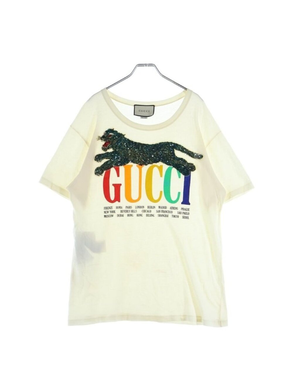Gucci Sequin Tiger Motif Logo Crew Neck Short Sleeve T-Shirt Ivory